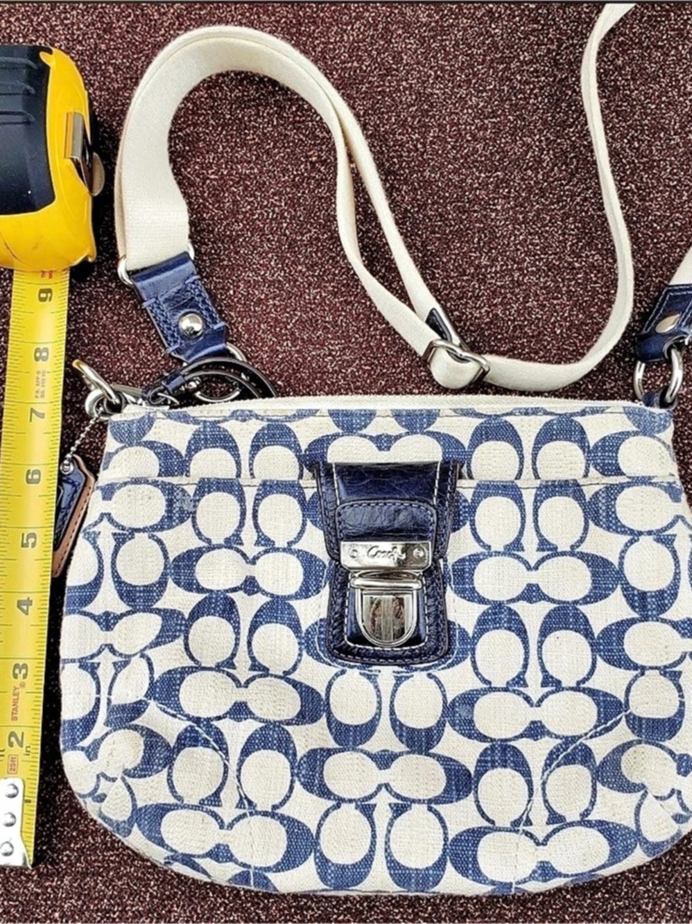 Coach Signature Blue White Flap Crossbody Bag with Turnlock